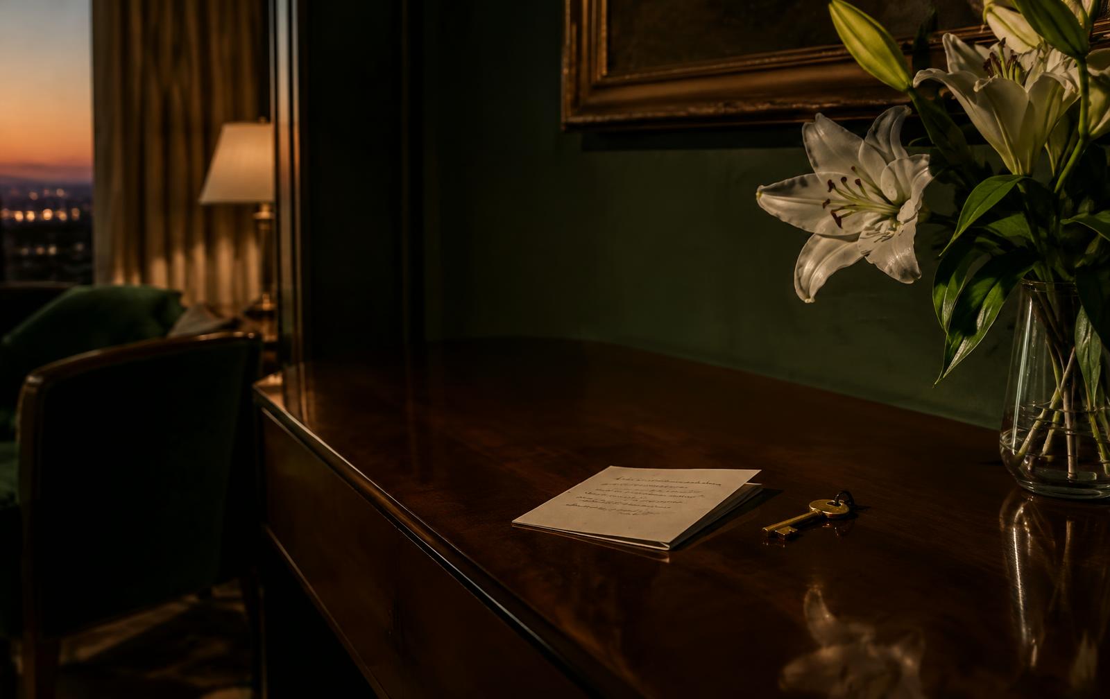 A handwritten note and brass key on a walnut console
